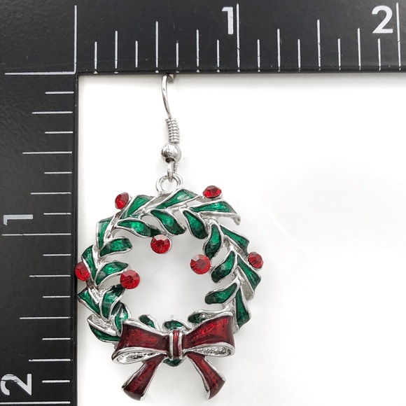 Christmas Wreath Green Red Rhinestone Holiday Theme Dangle Earrings - Picture 2 of 2